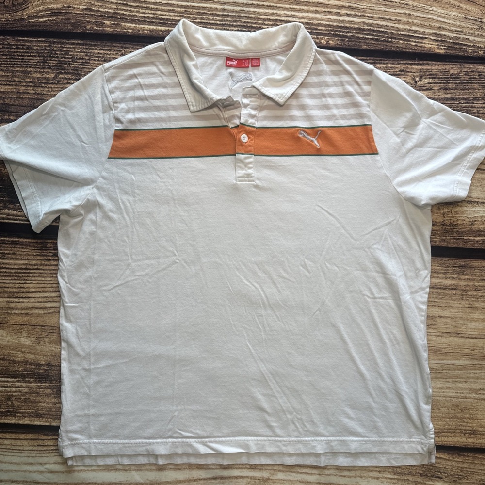 Puma Golf Polo Shirt Mens XL White Orange Stripe Short Sleeve Performance Top